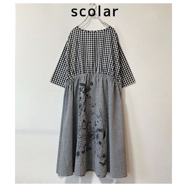 scoLar スカラー 線書き花蝶プリント チェック柄切替ワンピース