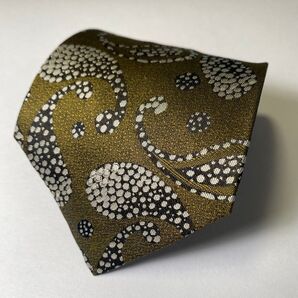 【美品】金色の背景に白と水色の水玉模様が浮かぶペイズリー柄ネクタイ 剣幅9cm