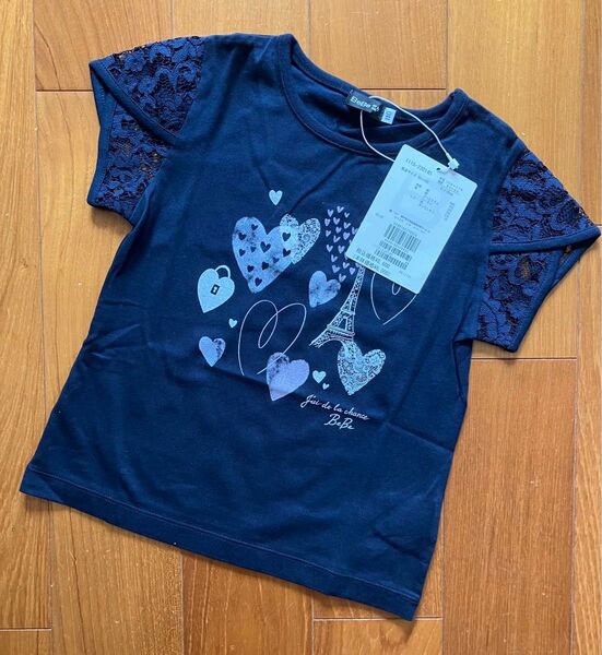【新品 未使用 タグ付き】べべ 袖レースハートプリントTシャツ 100cm