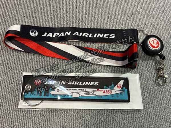 JAL フライトタグ ネックストラップ A350 キーホルダー CAスカーフ柄 リール付き