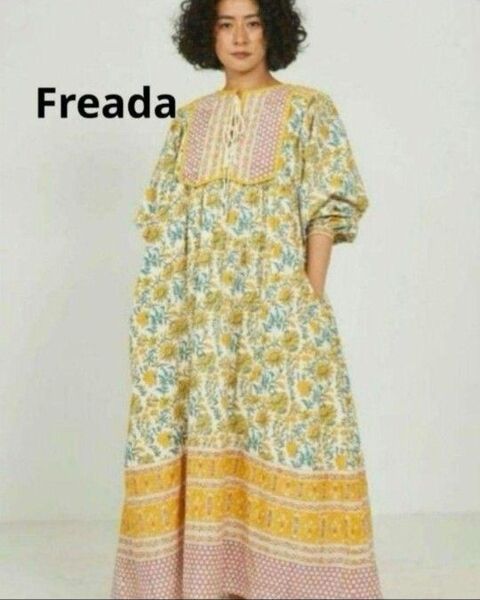 フリーダ Freada インド 胸 キルト木版 ワンピース 総柄 黄色 22SS ロングワンピース イエロー 長袖ワンピース