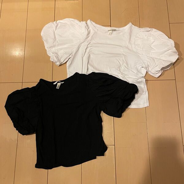 H&M(エイチアンドエム)パフスリーブTシャツ 2枚セット ホワイト&ブラック Sサイズ&Lサイズ