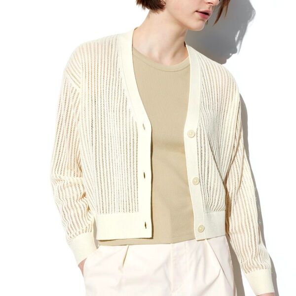UNIQLO メッシュVネックショートカーディガン オフホワイト L