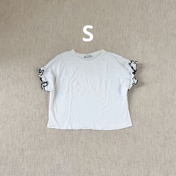 ZARA フリル付きホワイトTシャツ S Tシャツ カットソー 半袖 半袖Tシャツ 白 コットン トップス