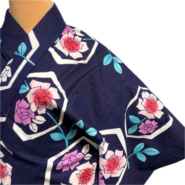 PP547 浴衣 着物 綿 単衣 紺 対象身長~154cm 夏季限定販売 薔薇柄