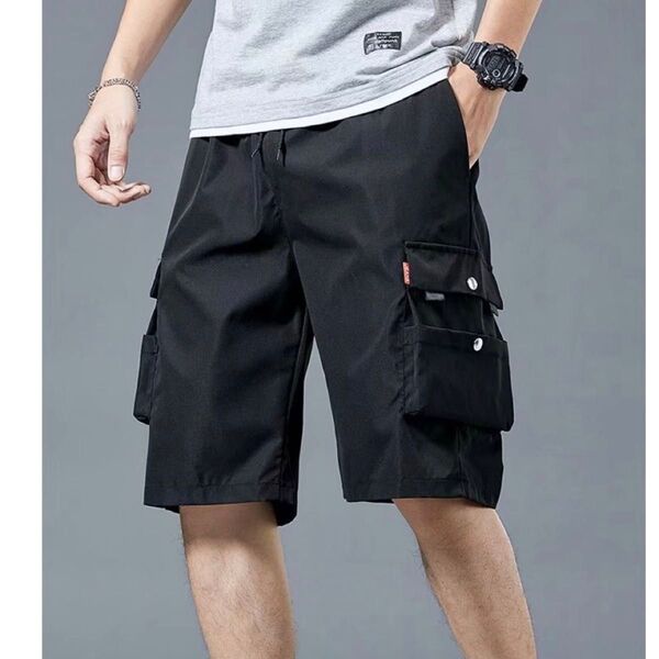 ハーフパンツ 3XL 短パン 軽量 両サイドポケット付 カーゴパンツ 無地 黒 ブラック 半ズボン シンプル パンツ