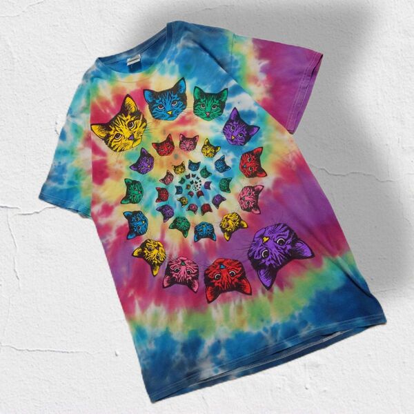フルーツオブザルーム FRUIT OF THE LOOM 猫 ネコTシャツ ダイダイ柄 うずまき 古着 半袖