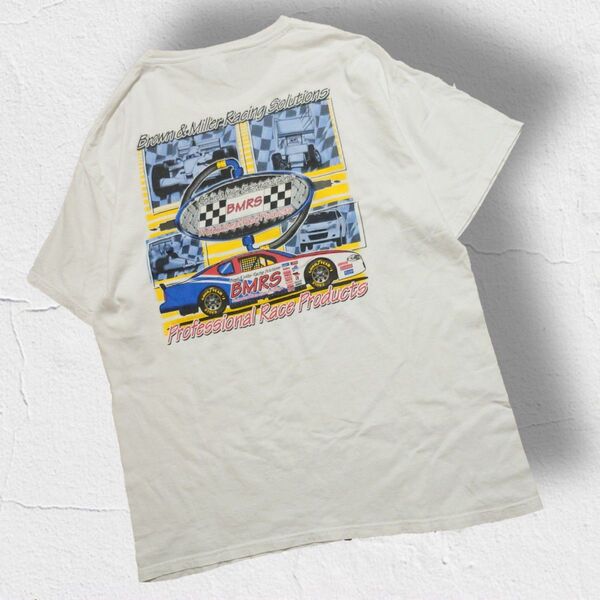 Hanes ヘインズ BMRS レーシングTシャツ クルーネックTシャツ バックプリント ホワイト 半袖