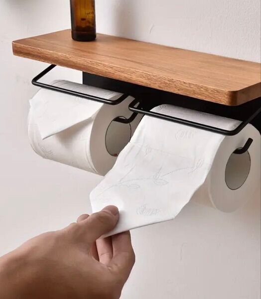 トイレットペーパーホルダー 棚付き ダブル 木製 壁掛け ブラウン