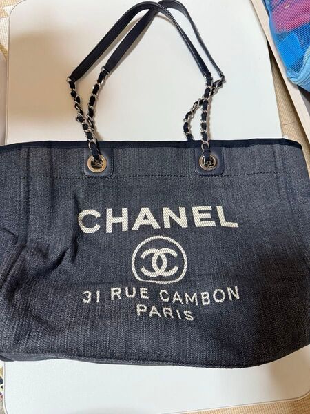 シャネル ドーヴィルチェーントートバッグ デニム ネイビーS金具 A67001 CHANEL