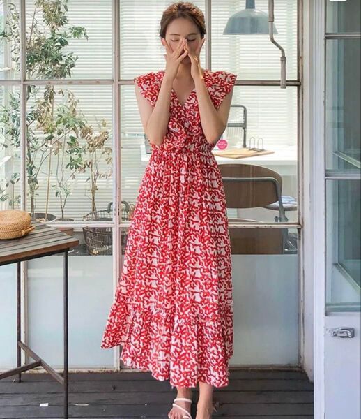 花柄 ロングワンピース リゾートワンピース レッド フリーサイズ
