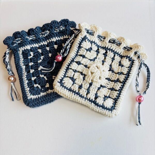 【ハンドメイド】グラニースクエア巾着袋2個セット