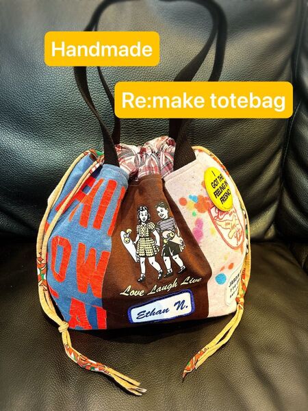 ハンドメイド 巾着トートバッグ リメイク ビンテージ缶バッジ付き