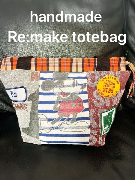 ハンドメイド リメイク 巾着トートバッグ ビンテージ缶バッジ付き☆。.:*・゜