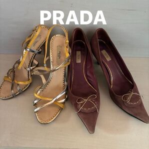 PRADA サンダル パンプス 2点セット ゴールド スウェード ハイヒール 靴 本革 スウェード