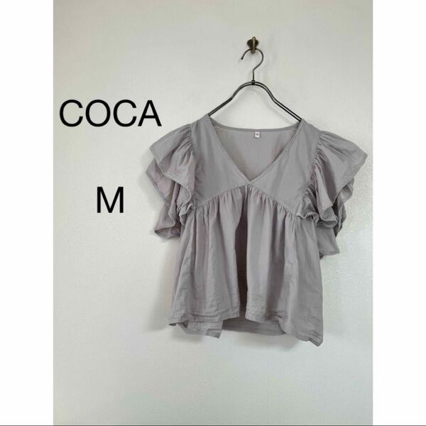 coca /袖フリル Vネック インド綿 ブラウス ボリュームスリーブ M