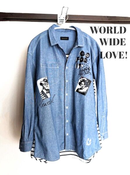 美品 WORLD WIDE LOVE! ワールドワイドラブ 長袖 シャツ メンズ レディース コットン ボーダー スマイル 綿