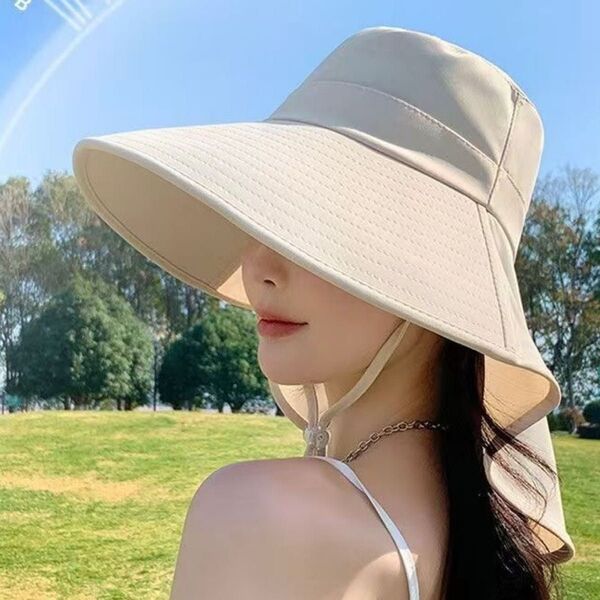帽子 UVカット 日除け 紐付き ネックガード つば広 女優帽 韓国 ベージュ