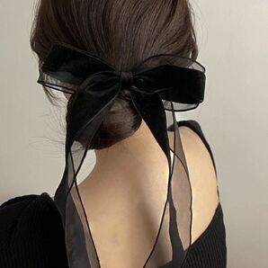 リボン ベロア バレッタ ヘアピン ヘアアクセ フォーマル 結婚式 韓国 黒