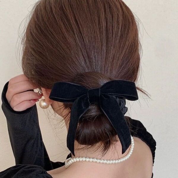 リボン ベロア ヘアゴム シュシュ ヘアアクセ フォーマル 結婚式 黒