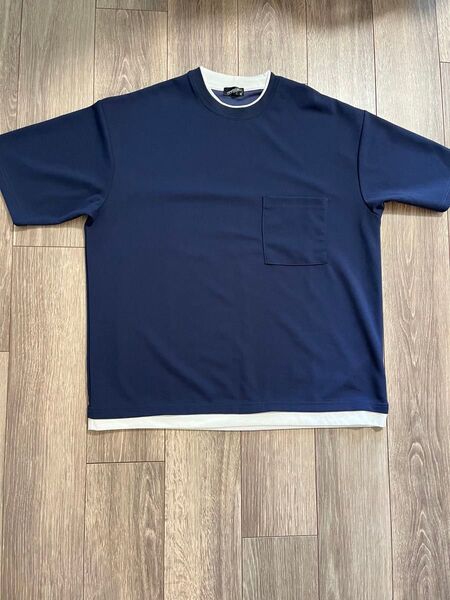 フェイクレイヤード トップス 半袖 ネイビー Tシャツ M