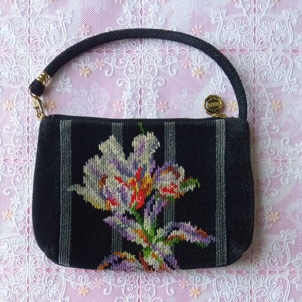 フェイラーFEILERシェニール織 レトロ 刺繍 花柄 ハンドバッグポーチブラック