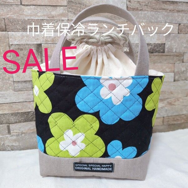 ハンドメイド ランチバック 保冷ランチバック 保冷バック 巾着 お弁当バック トートバッグ 花柄 ブラック デニム