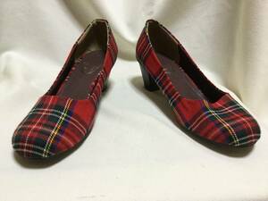 C7205*GLOBAL WORK SHUCA*L size * red group check pattern cloth made pumps * heel 5cm