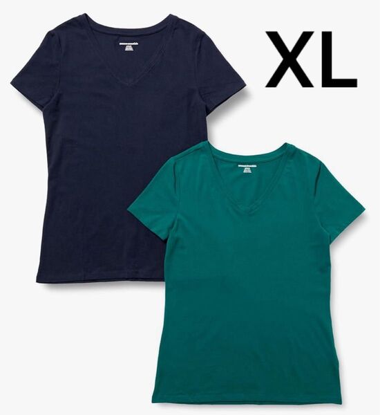 マルチパック Tシャツ XL 2枚セットVネック クラシックフィット 半袖 レディース シンプル ネイビー グリーン 紺 緑 無地