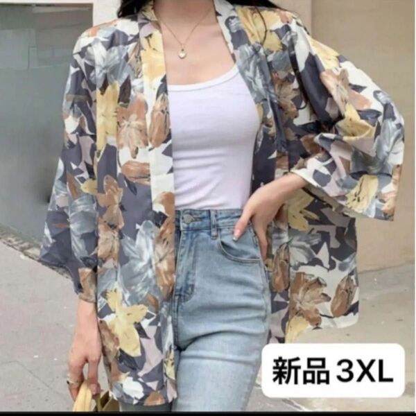 新品 レディース 五部袖シャツ ブラウス グレー系 3XL 4L ゆったり オーバーサイズ 韓国風 大きいサイズ 花柄