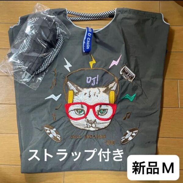 新品 レディース ボールアンドチェーン エコバッグ M 刺繍 グレー ネコ 猫 ストラップ付き トートバッグ