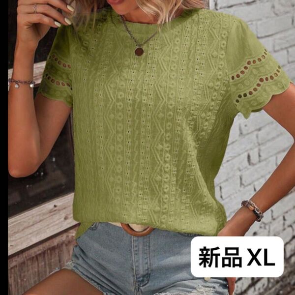 新品 レディース 半袖シャツ 薄手 XL グリーン ゆったり 大きいサイズ トップス