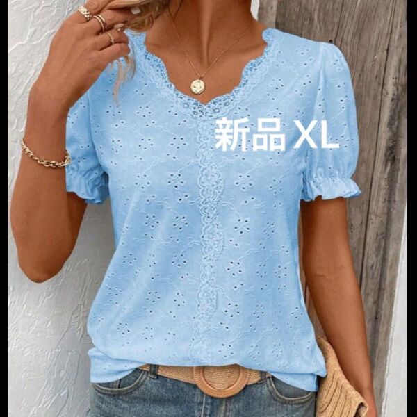 新品 レディース 半袖シャツ 薄手 XL ブルー ゆったり 大きいサイズ トップス Vネック