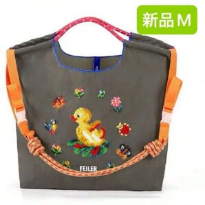 新品 レディース ボールアンドチェーン エコバッグ M フェイラー FEILER 刺繍 グレー 花柄 アヒル