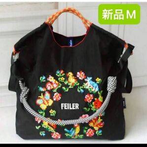 新品 レディース ボールアンドチェーン エコバッグ M フェイラー FEILER 刺繍 ブラック 黒 花柄 ストラップ付き