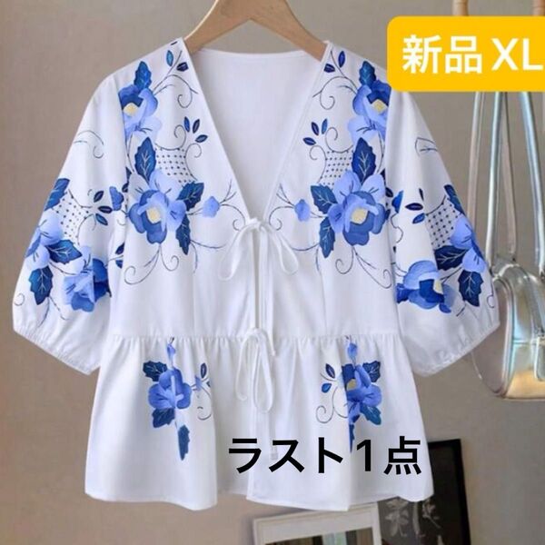 新品 レディース 半袖シャツ ホワイト×ブルー 花柄 ボタニカル 体型カバー 韓国風 ゆったり XL 大きいサイズ