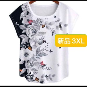 新品 レディース 半袖Tシャツ ホワイト×ブラック 花柄 薄手 3XL 韓国風 4L