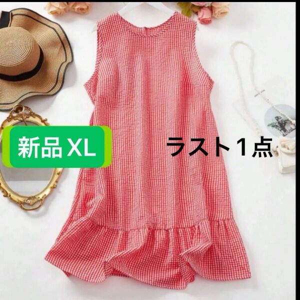 新品 レディース Aライン 膝丈 ワンピース レッド XL 大きいサイズ ゆったり ギンガムチェック ノースリーブ
