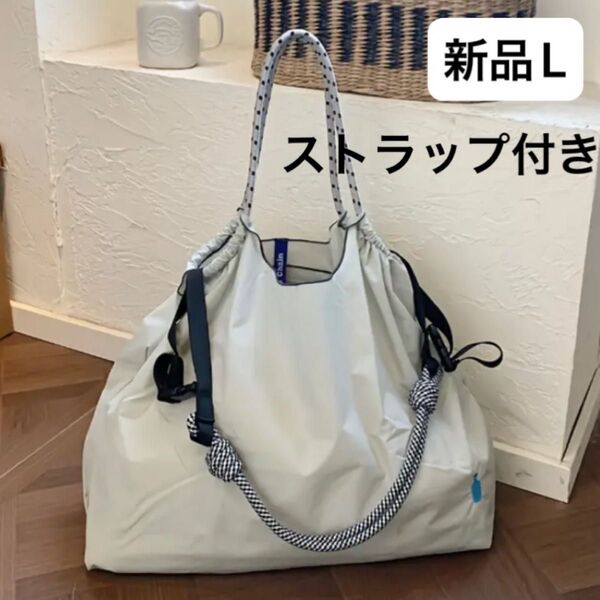 新品 レディース ボールアンドチェーン エコバッグ ブルーボトルコーヒー 刺繍 ライトグレー ストラップ付き L エコバッグ