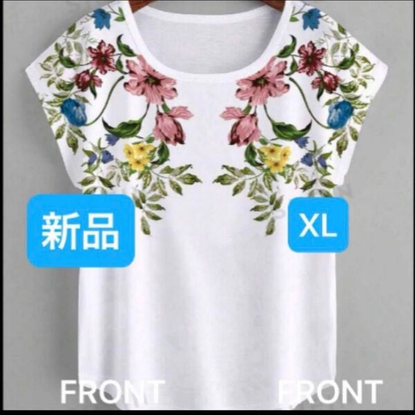 新品 レディース 半袖Tシャツ ホワイト×ピンク 花柄 薄手 XL 韓国風 ボタニカル