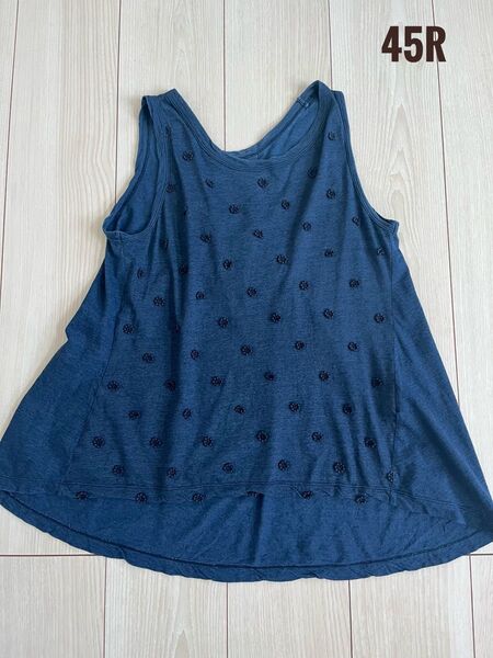 45R インディゴ染 立体 小花刺繍 タンクトップ 前後丈違い 2 綿