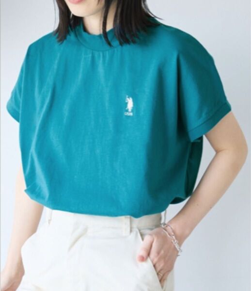 新品 未使用 U.S. POLO ASSN. ワンポイント刺繍 モックネックフレンチスリーブTシャツ 半袖Tシャツ グリーン