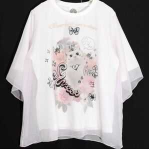 新品 scolar 花とネコのシフォン重ねプルオーバー Tシャツ カットソー 5分袖