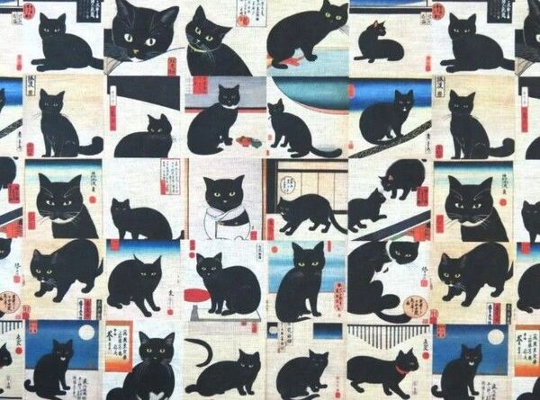 【ゆきちゃん限定】X879-4 黒猫 浮世絵柄 パネル柄 生地 106cm×1m