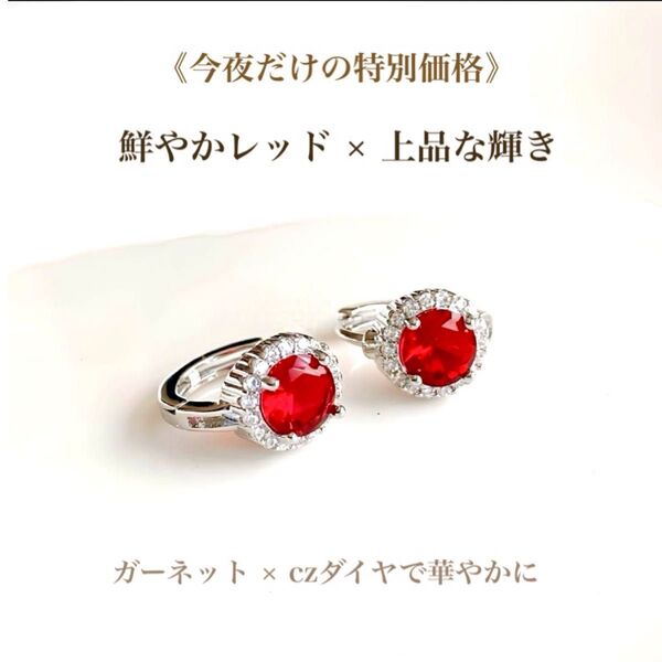 ガーネット フープピアス czダイヤ プラチナ仕上 上品 華やか 存在感 レッド 春夏アクセ