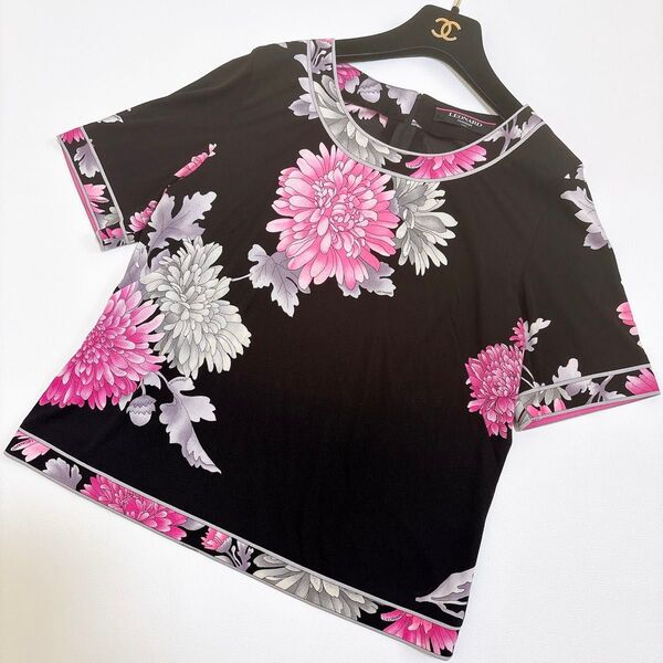 美品☆レオナール ダリア トップス 花柄 ボタニカル トリム カンカン LL LEONARD 半袖 カットソー Tシャツ