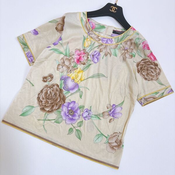 大きいサイズ☆レオナール スパンコール ラインストーン カットソー トリム 花柄 半袖Tシャツ トップス LEONARD