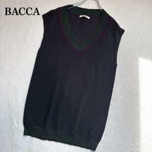 BACCA バッカトゥモローランドニットベスト ライン サマーニットコットン 薄手 グリーン Vネック