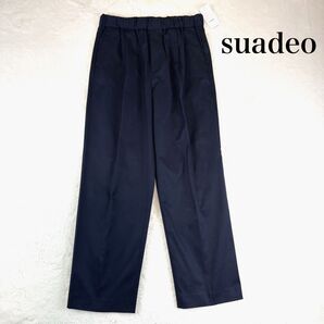 suadeo スアデオギャバストレッチドロストテーパードパンツタック 日本製 ネイビーお仕事 カジュアル オフィス