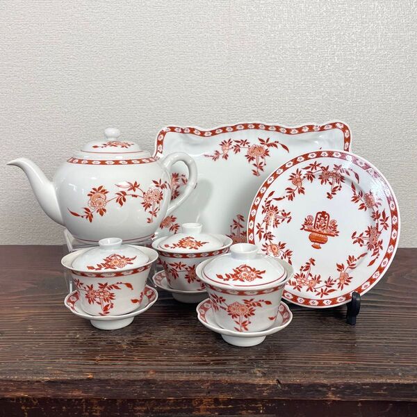 ペニンシュラ香港 粤東磁廠 ティーセット 蓋碗 赤絵 コーラル・クレスト シノワズリ 手描き 希少